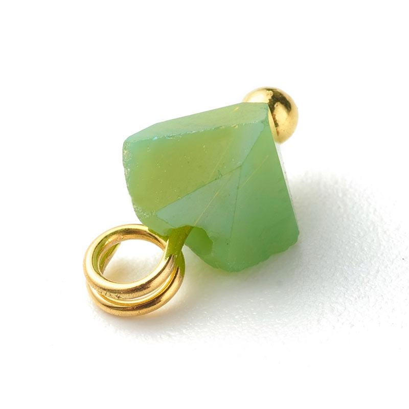 Small charm with uneven AB glass, green, yellow, rose, gilded brass, 6x8x4mm, 6pcs.