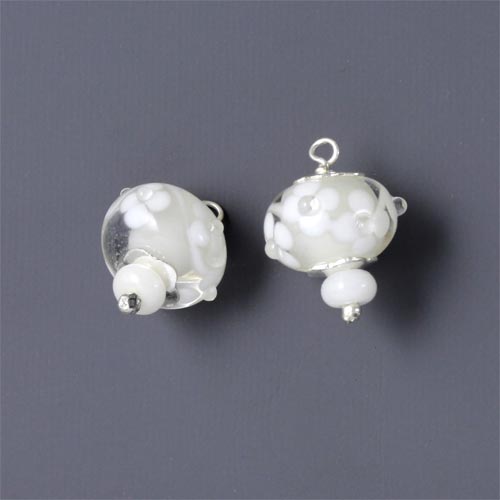 Italian glass charm, sterling silver, white with flowers, 12x14mm, 1pc.