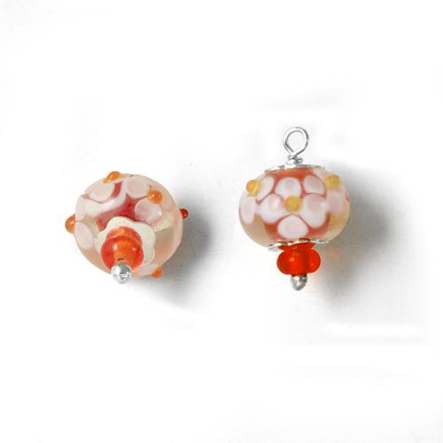 Italian glass charm, sterling silver, red with flowers, 12x14mm, 1pc.