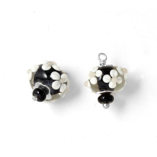 Italian glass charm, silver, black with flowers, 10x14mm, 1pc.