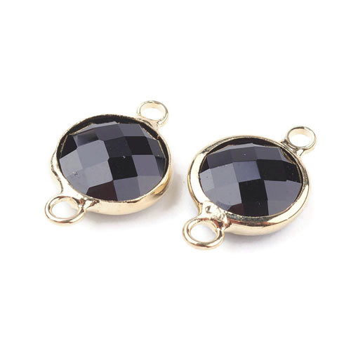 Glass charm, gilded, round, black, 14x9 mm, 1pc.