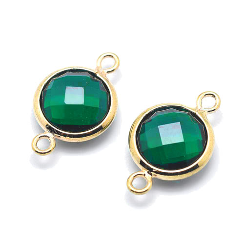 Glass link with 2 loops, gold plated, round, sea green, 12x7 mm, 1pc