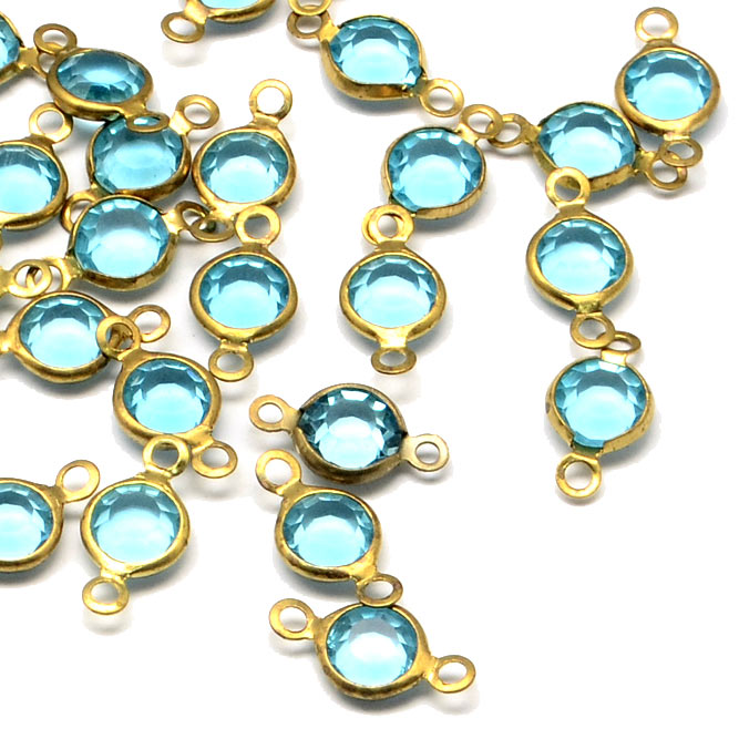 Link with two eyes, faceted light blue glas and brass, round, clear, 12x6mm, 4pcs.