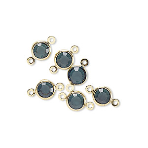 Glass link with two eyes, gilded brass setting, round, dark blue-grey, 12x6mm, 6pcs