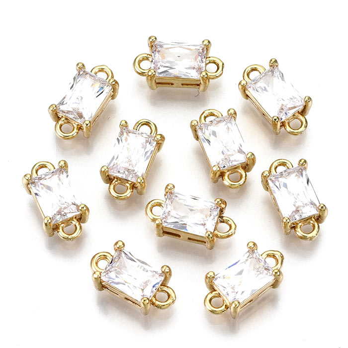Glass link, gold palted brass, square, clear, 2 loops, 12x6x4.5mm, 2pcs