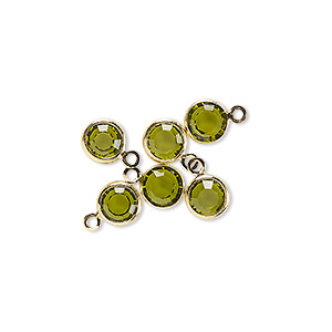 Glass link with one loop, gold plated brass setting, peridot green, 9x6mm, 6pcs