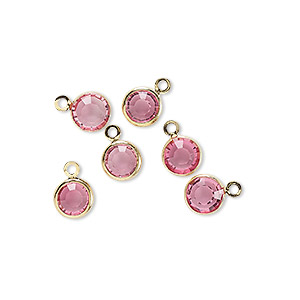 Glass link with one eye, gold plated brass setting, round, pink, 9x6mm, 6pcs
