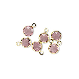 Glass link with one eye, gold plated brass setting, round, rosa, 9x6mm, 6pcs