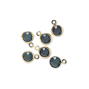 Glass link with 1 eye, gold plated brass setting, round, dark blue-grey, 9x6mm, 6pcs