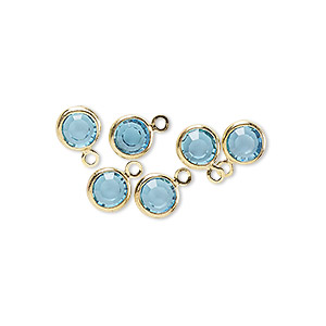 Glass link with one eye, gold plated brass setting, round, light blue, 9x6mm, 6pcs