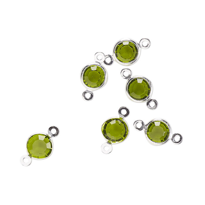 Glass link with 2 loops, silver plated brass setting, peridot green, 12x6mm, 6pcs