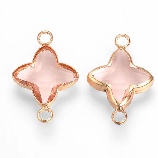 Glass charm, gilded brass, cross, ROSA, with two loops, 21x14x3mm, 1pc