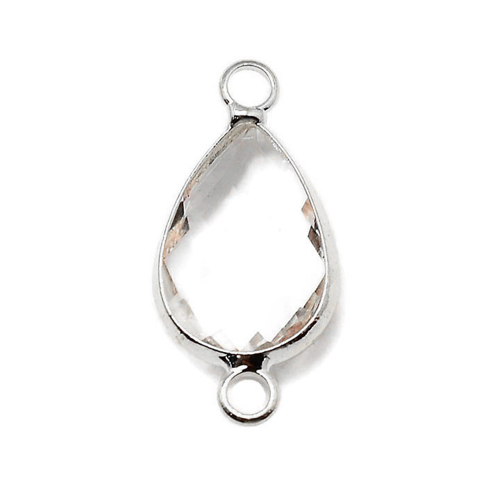 Glass link with 2 loops, silver plated brass, Drop, clear, 14x7x3mm, 1pc
