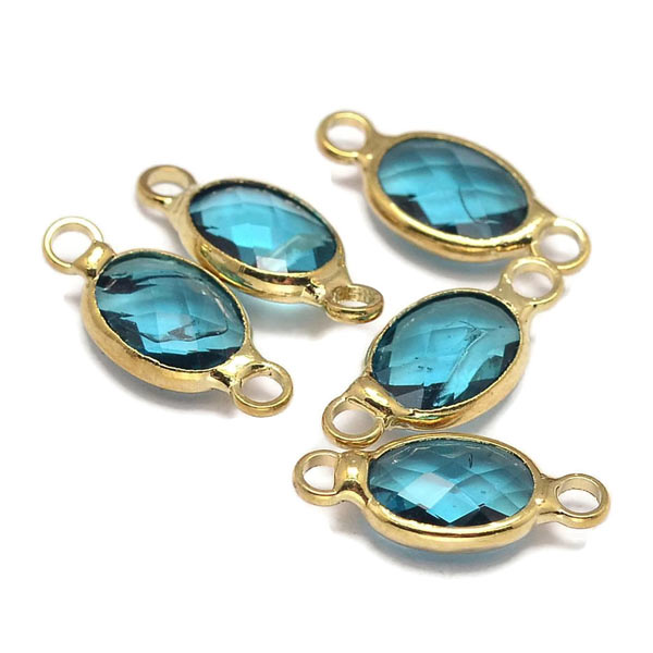 Glass link, with 2 loops, gold plated brass, oval, sky blue, 15x6.5mm, 1pc