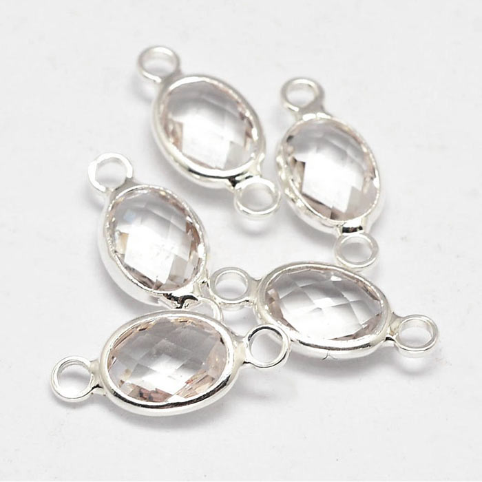 Glass charm, silver plated, oval, 2 loops, clear white, 15x6.5mm, 1pc