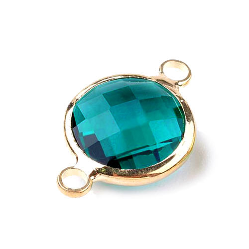 Glass charm, gilded, round, dark cyan, 16x11mm, 1pc