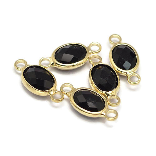 Glass charm, gold plated, oval, black, 15x6.5mm, 1pc