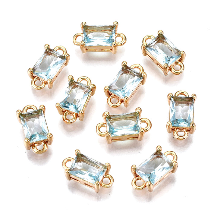 Glass link, gold palted brass, square, light cyan, 2 loops, 12x6x4.5mm, 2pcs