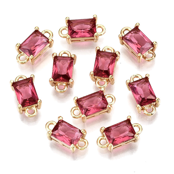 Glass link, gold palted brass, square, cerise, 2 loops, 12x6x4.5mm, 2pcs