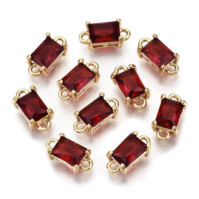 Glass link, gold palted brass, square, dark red, 2 loops, 12x6x4.5mm, 2pcs