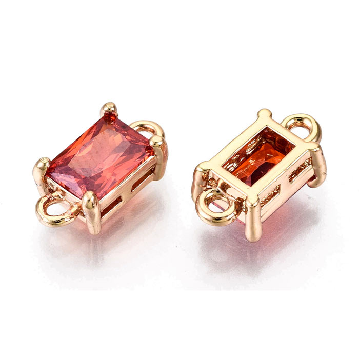 Glass link, gold palted brass, square, coral, 2 loops, 12x6x4.5mm, 2pcs