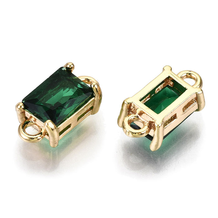 Glass link, gold palted brass, square, dark geen, 2 loops, 12x6x4.5mm, 2pcs