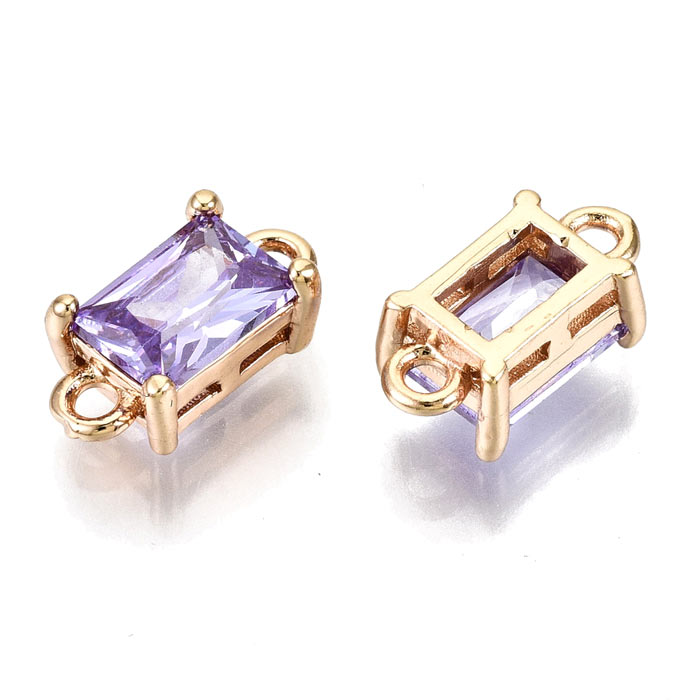 Glass link, gold palted brass, square, light amethyst, 2 loops, 12x6x4.5mm, 2pcs