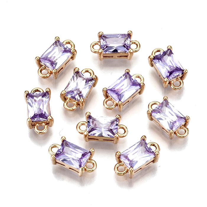 Glass link, gold palted brass, square, light amethyst, 2 loops, 12x6x4.5mm, 2pcs