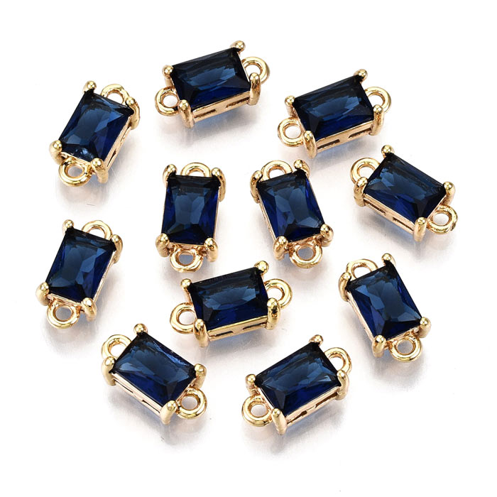 Glass link, gold palted brass, square, dark blue, 2 loops, 12x6x4.5mm, 2pcs