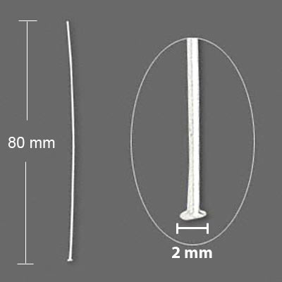 Headpin, extra long, with 2mm plate, silver, 80x0,60mm, 4pcs