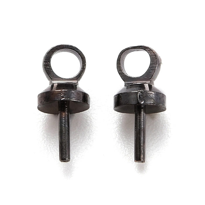 Bail, cup with peg/eye pin, black plated brass, 7x3x0,7mm, 6pcs.
