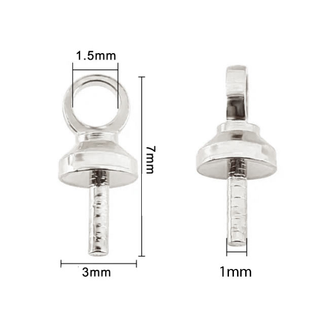 Bail, cup with peg/eye pin, silver-plated, with 1mm peg, 7x3mm, 10pcs.