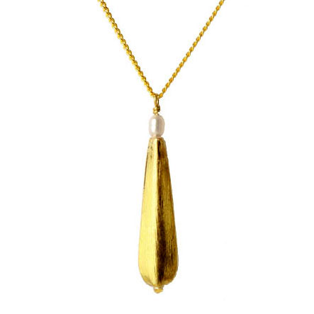 Long flat drop-shape, brushed, gold-plated brass, vertical hole, 27x4x8mm, 2pcs.