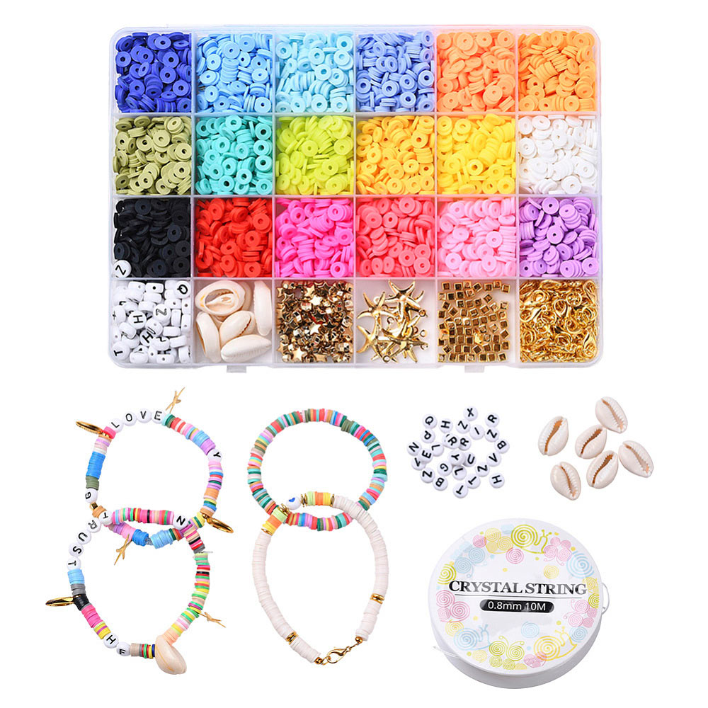 Jewellery set, with Heishi-style fimo beads, elastic cord, charms etc. box measures 19x13x2 cm