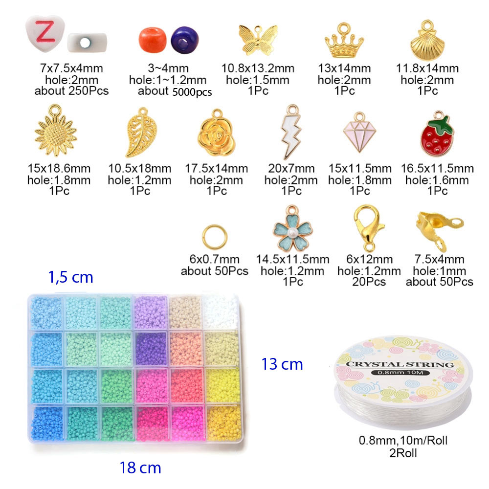 Large DIY seed bead jewellery set with accessories, 3 mm, #8, 24 colours, 5000 beads, 1 pc