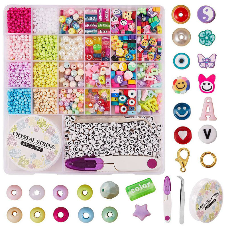 Jewellery set, seed beads, acrylic beads, scissors, elastic cord, pendants etc. in box, 20x19 cm