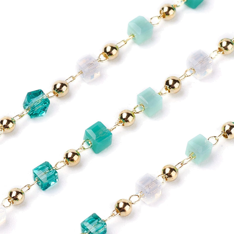 Necklace with cubic green glass beads, gold-plated, approx. 3x3 mm, 50 cm