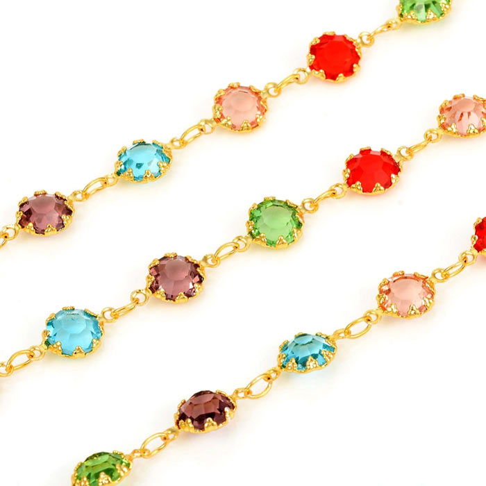 Chain with mixed coloured glass crystals, strong gilded brass, 12x6,5x3 mm, 50 cm