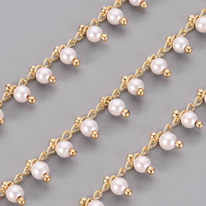 Chain with white shell pearls charms, gold-plated brass, pearl size 3mm, 50cm