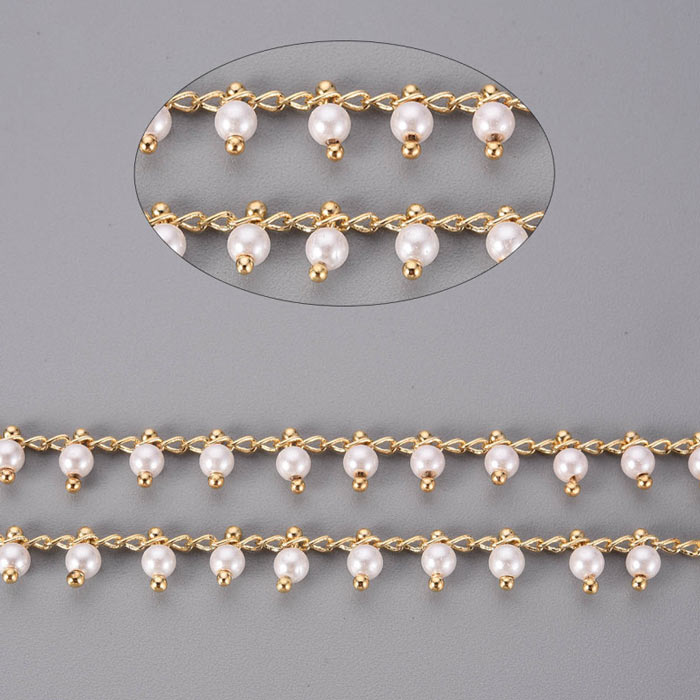 Chain with white shell pearls charms, gold-plated brass, pearl size 3mm, 50cm