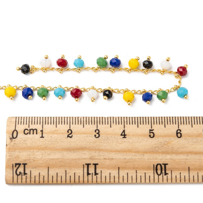 Chain with mix colors glass bead pendant, gold-plated brass, 4 mm, 50 cm