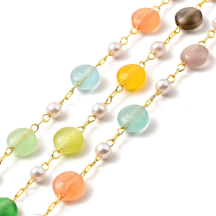 Necklace with mix glass beads, strong gold-plated brass, 6x6x3 mm, 50 cm