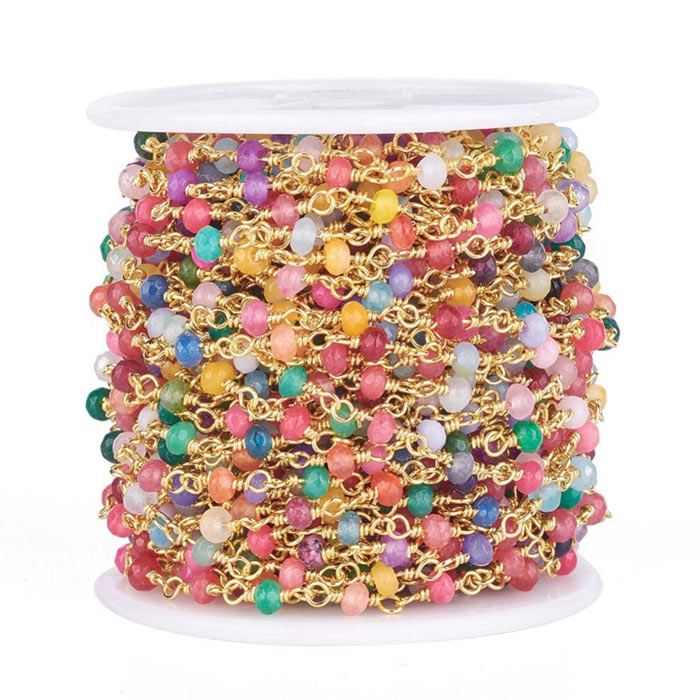Necklace of mixed color faceted stone beads, gold-plated brass, 4x3 mm, 50 cm
