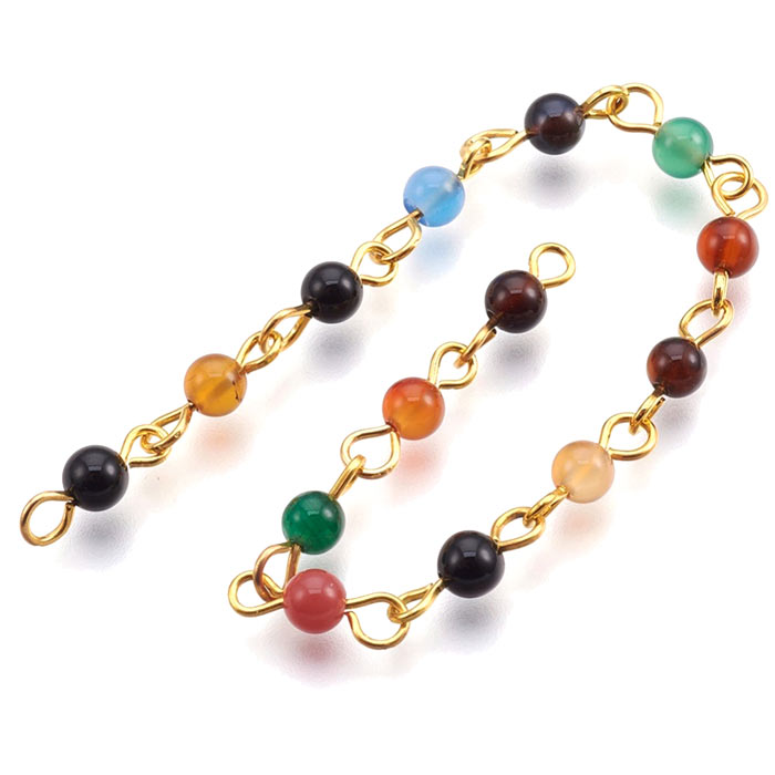 Necklace of mixed color agate beads, gold-plated brass, 4,5 mm, 100 cm