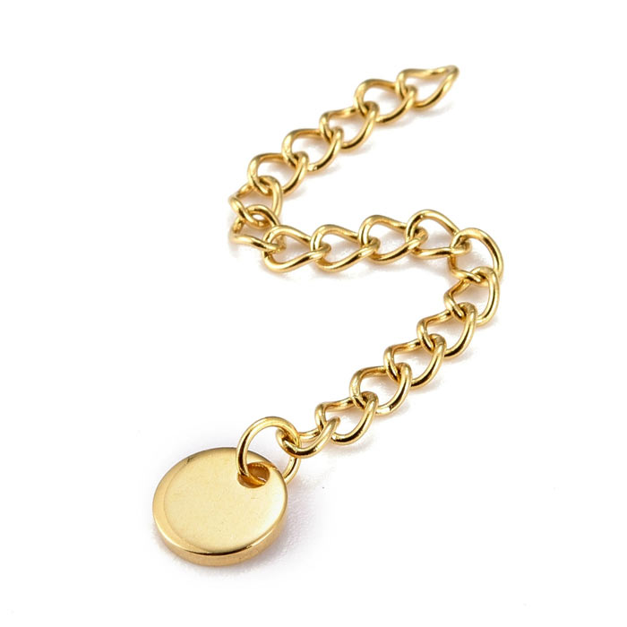 Jewelry chain extender with 7mm coin pendant, gold-plated steel, 5 cm, 2pcs