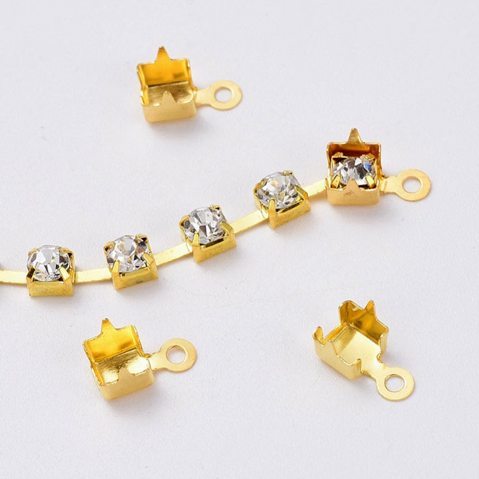 Chain finding, connector for 2mm rhinestone chain, gold plated brass, 6pcs.