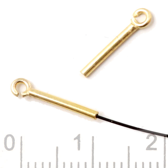 Crimp cord end with loop, gold plated silver, 13x1.3mm, hole size 0.6mm, 2pcs