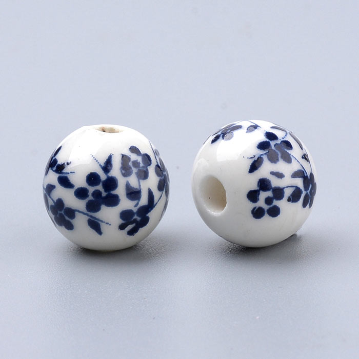 Porcelain bead, blue-white with flowers, 10mm, 2 pcs