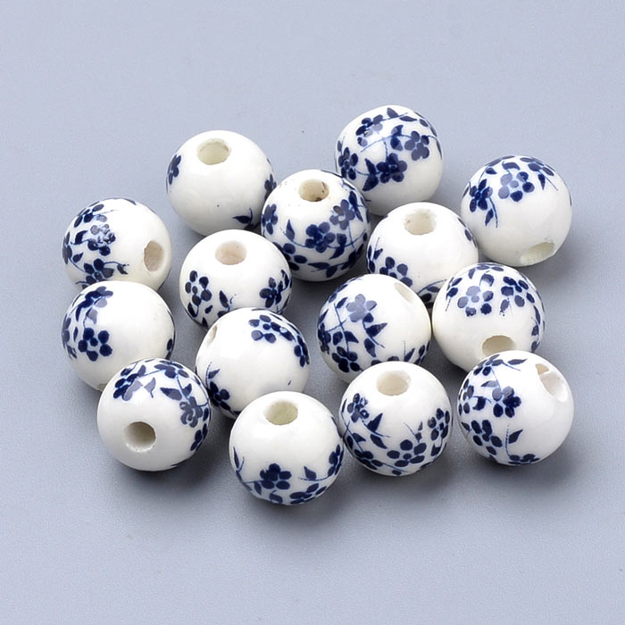 Porcelain bead, blue-white with flowers, 10mm, 2 pcs