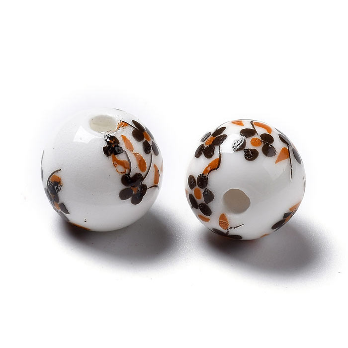 Porcelain bead, white with brown-yellow flowers, round, 12 mm, 4 pieces